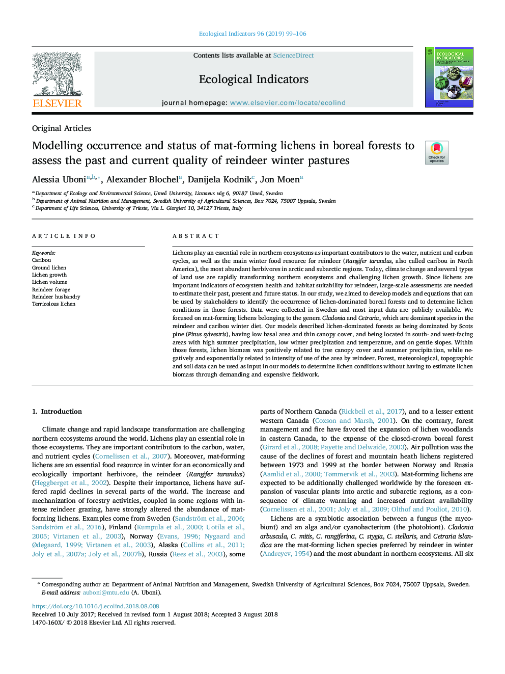 Modelling occurrence and status of mat-forming lichens in boreal forests to assess the past and current quality of reindeer winter pastures