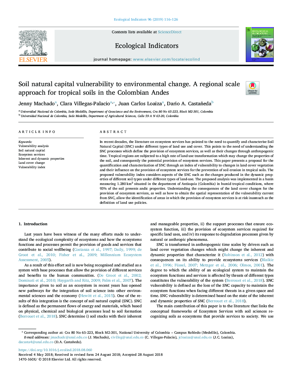 Soil natural capital vulnerability to environmental change. A regional scale approach for tropical soils in the Colombian Andes