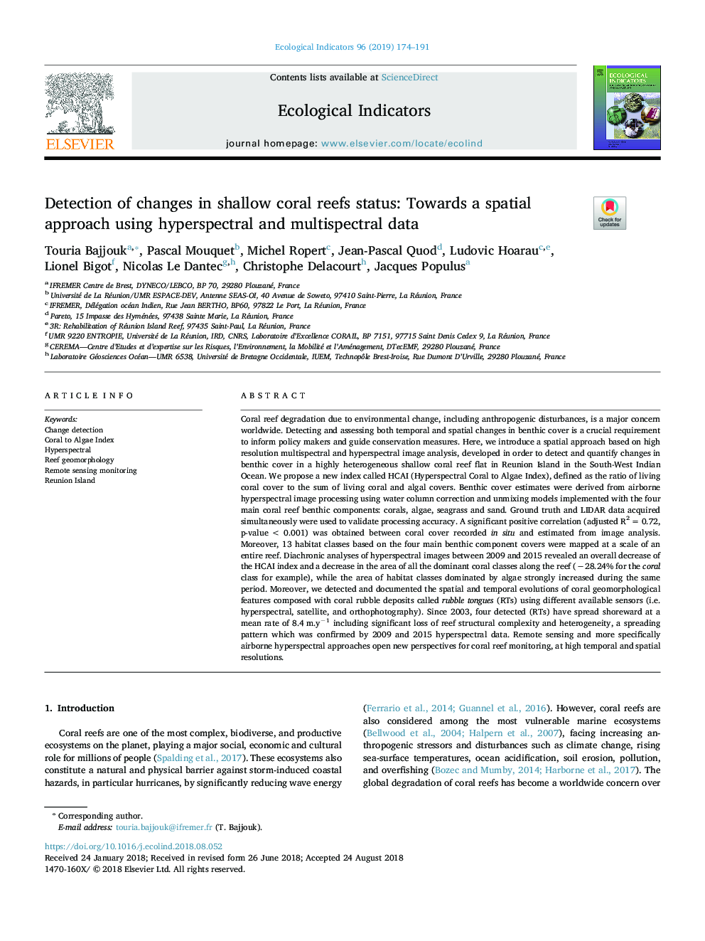 Detection of changes in shallow coral reefs status: Towards a spatial approach using hyperspectral and multispectral data