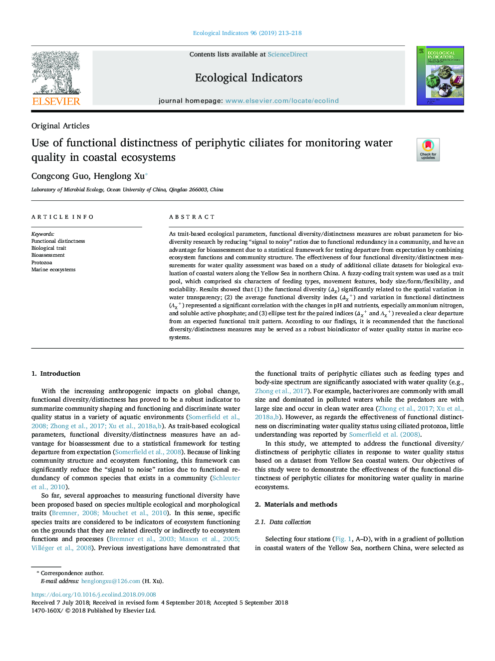 Use of functional distinctness of periphytic ciliates for monitoring water quality in coastal ecosystems