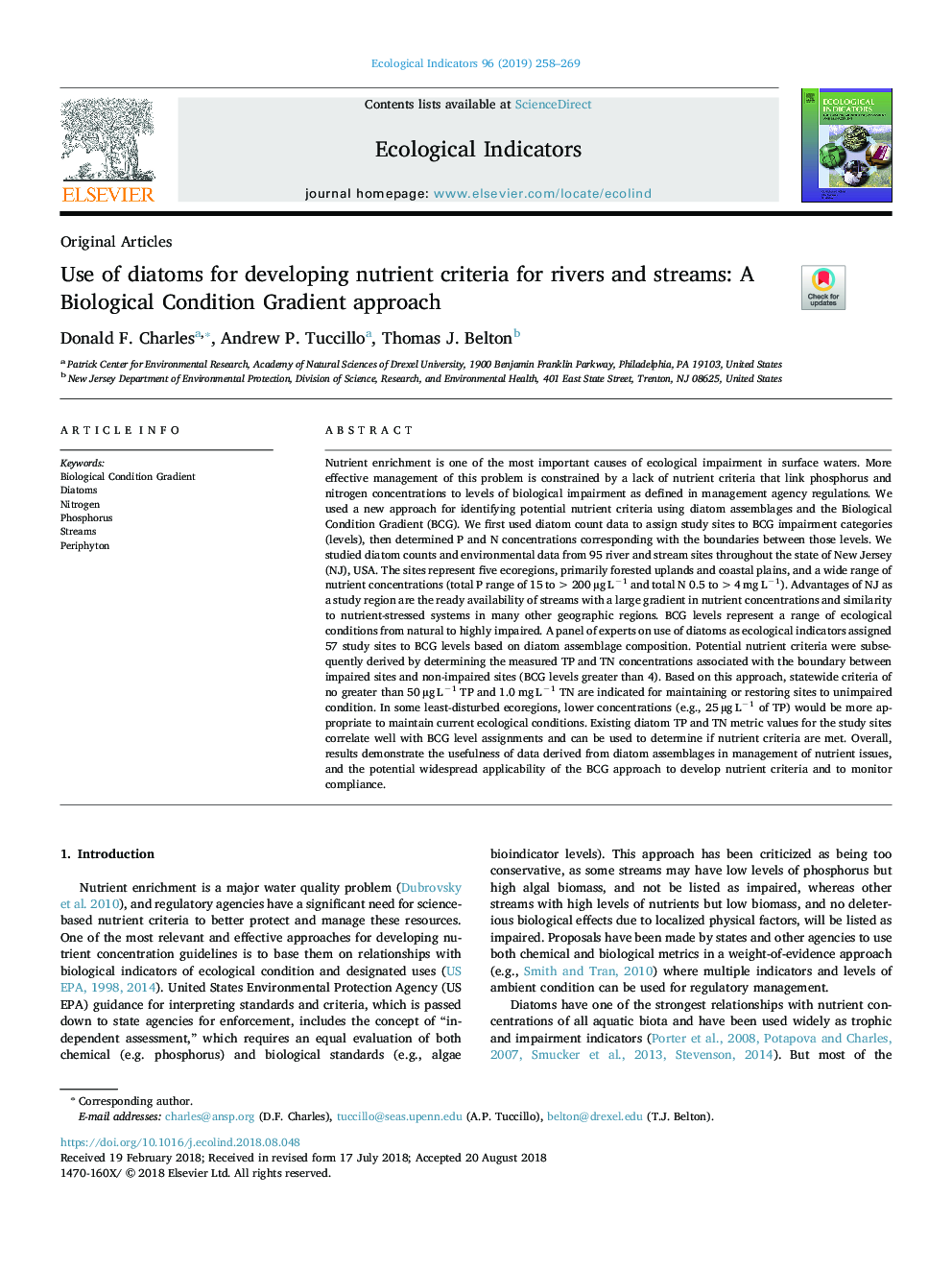 Use of diatoms for developing nutrient criteria for rivers and streams: A Biological Condition Gradient approach