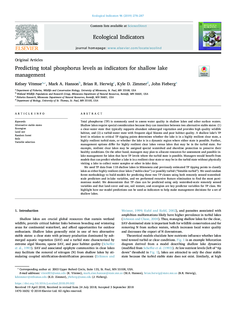 Predicting total phosphorus levels as indicators for shallow lake management