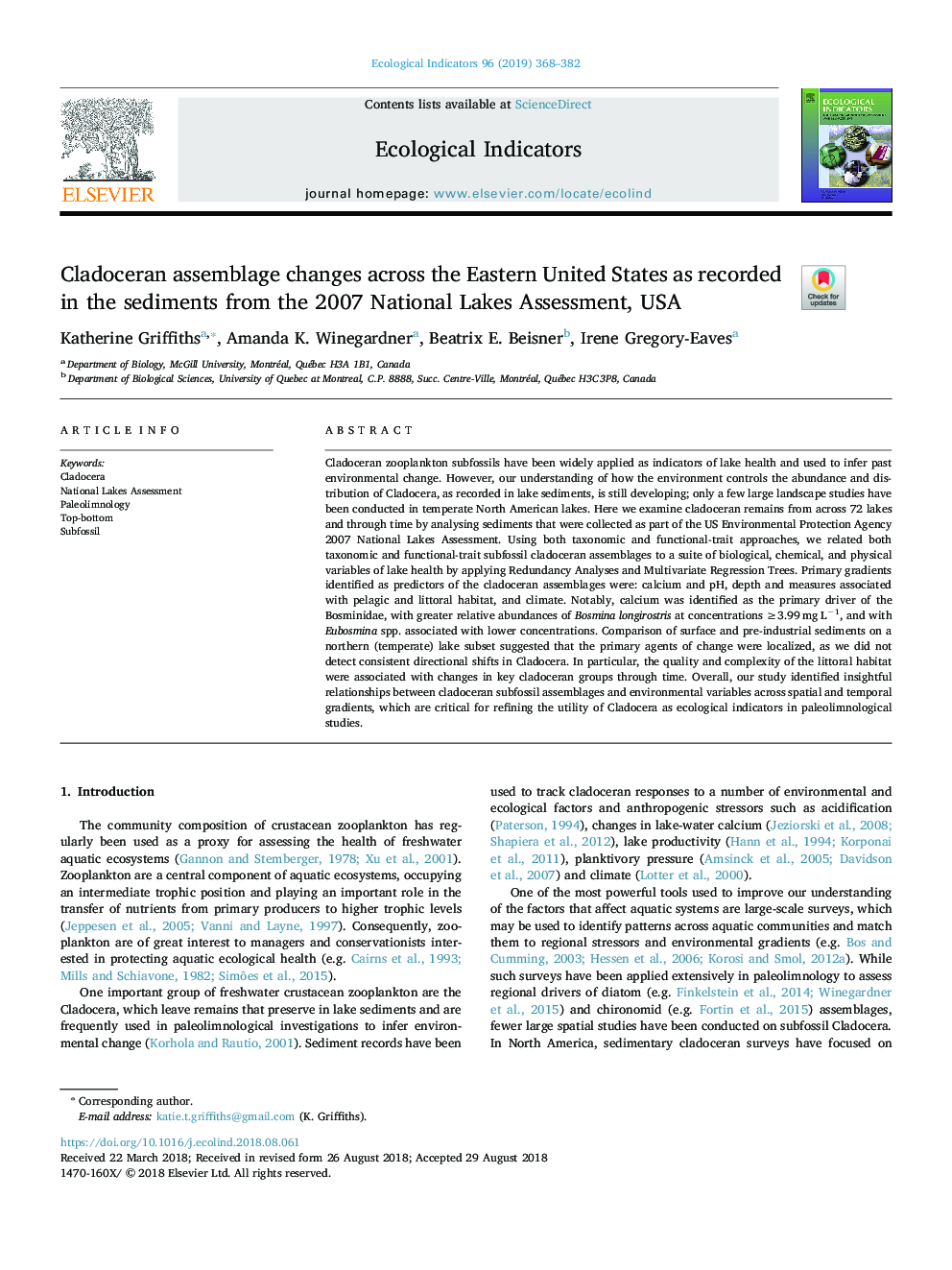 Cladoceran assemblage changes across the Eastern United States as recorded in the sediments from the 2007 National Lakes Assessment, USA