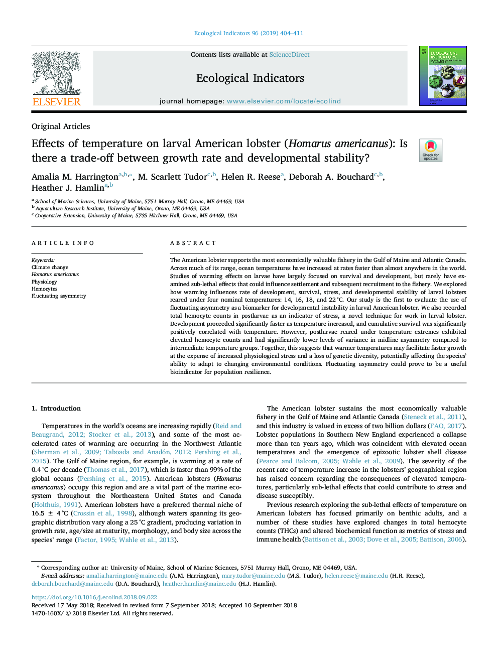 Effects of temperature on larval American lobster (Homarus americanus): Is there a trade-off between growth rate and developmental stability?