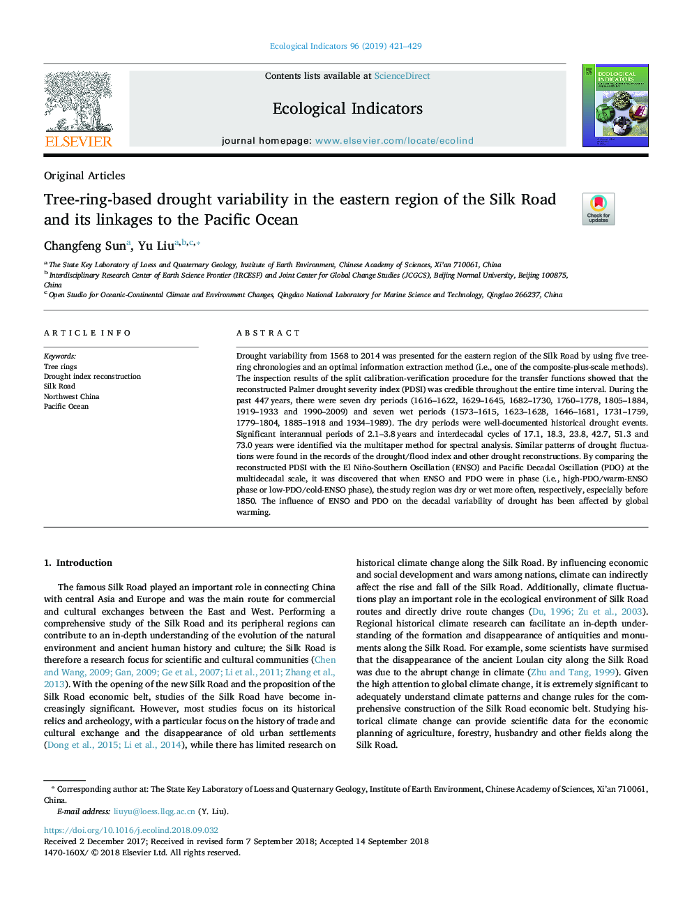 Tree-ring-based drought variability in the eastern region of the Silk Road and its linkages to the Pacific Ocean