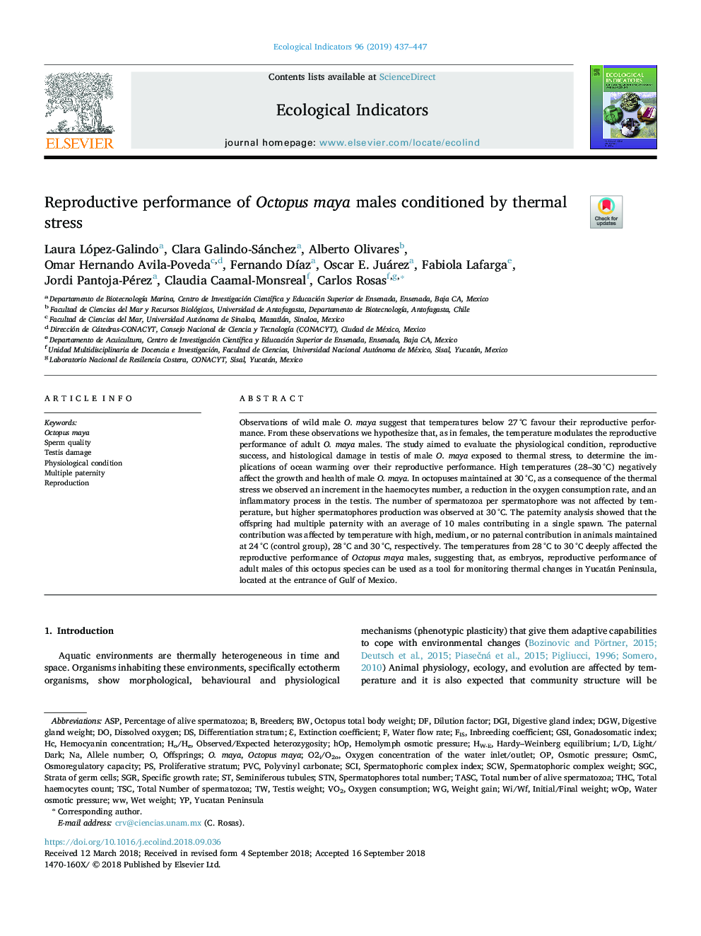 Reproductive performance of Octopus maya males conditioned by thermal stress