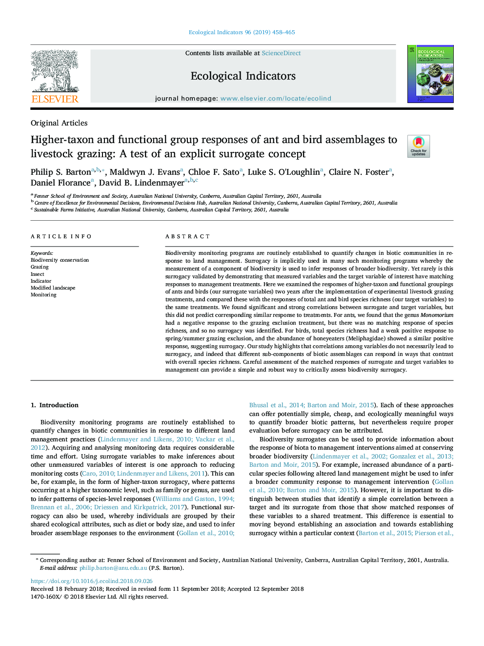 Higher-taxon and functional group responses of ant and bird assemblages to livestock grazing: A test of an explicit surrogate concept