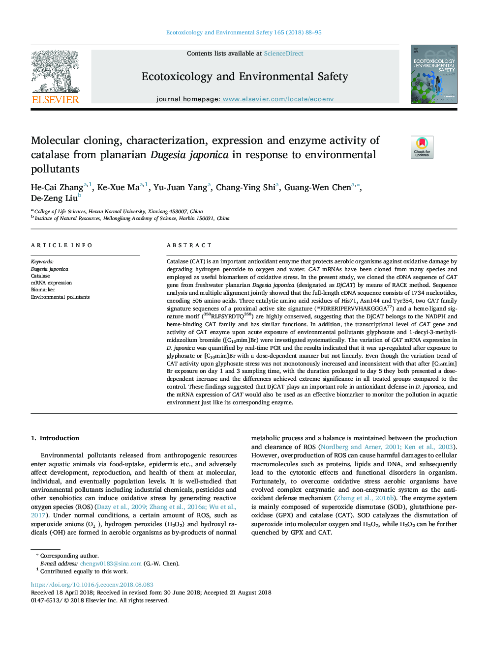 Molecular cloning, characterization, expression and enzyme activity of catalase from planarian Dugesia japonica in response to environmental pollutants