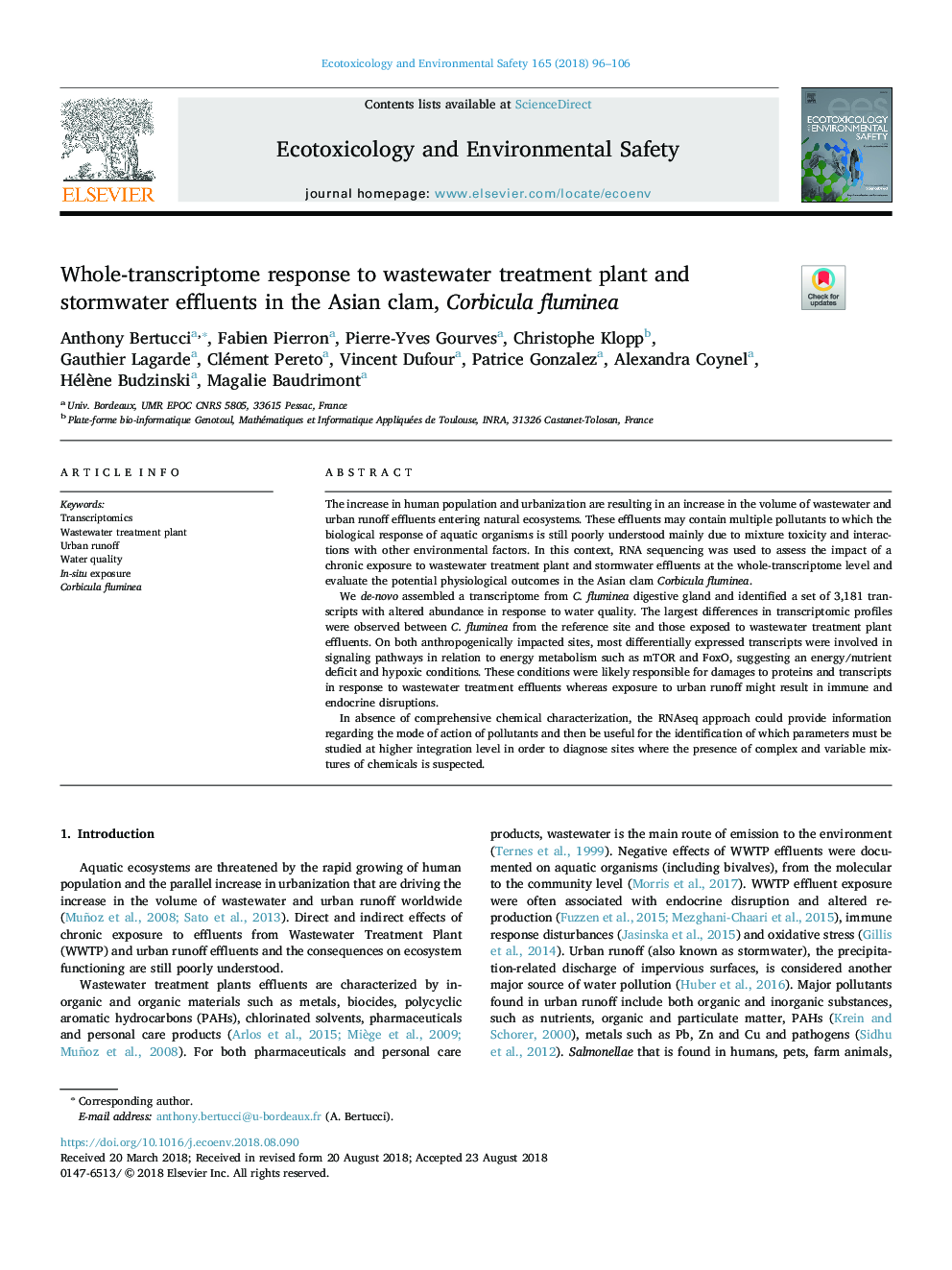 Whole-transcriptome response to wastewater treatment plant and stormwater effluents in the Asian clam, Corbicula fluminea