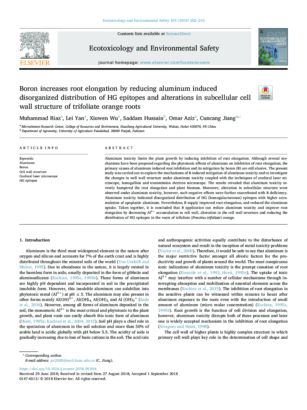 Boron increases root elongation by reducing aluminum induced disorganized distribution of HG epitopes and alterations in subcellular cell wall structure of trifoliate orange roots