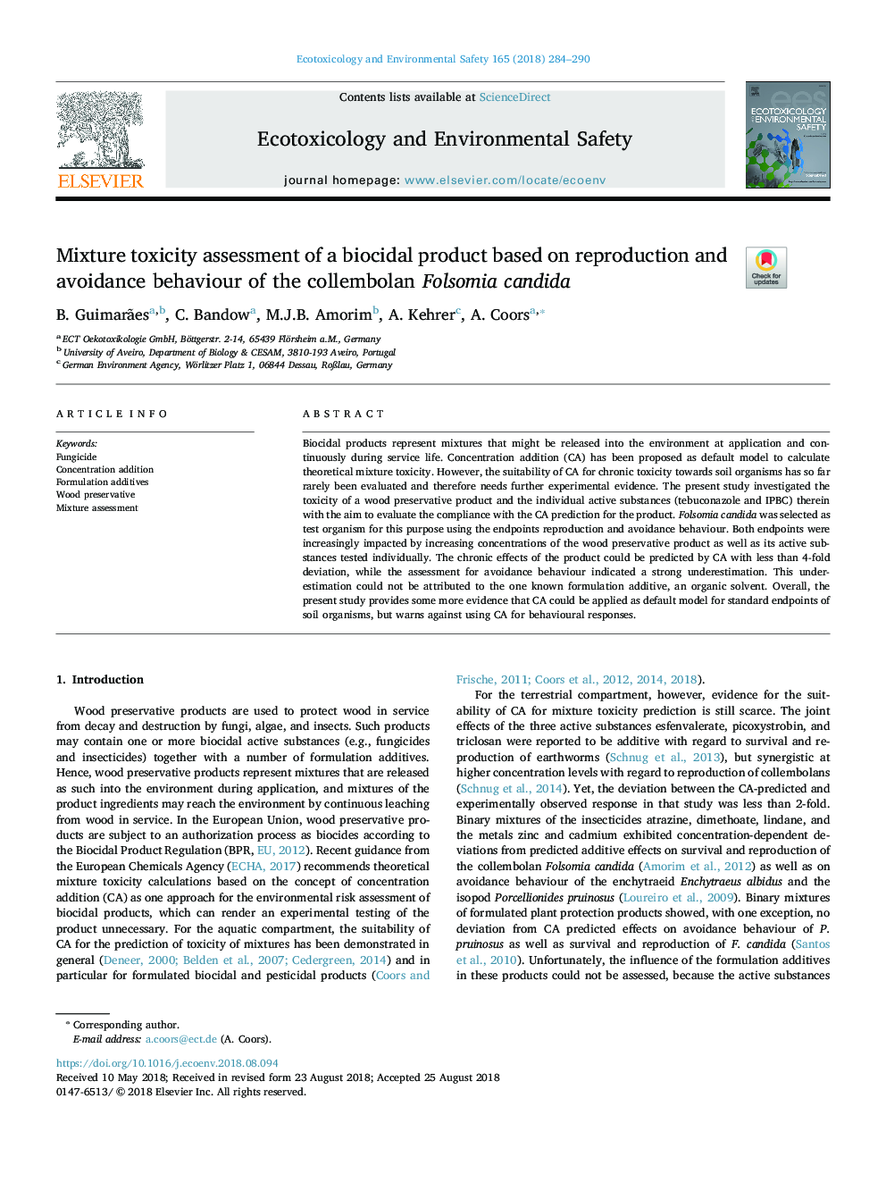 Mixture toxicity assessment of a biocidal product based on reproduction and avoidance behaviour of the collembolan Folsomia candida