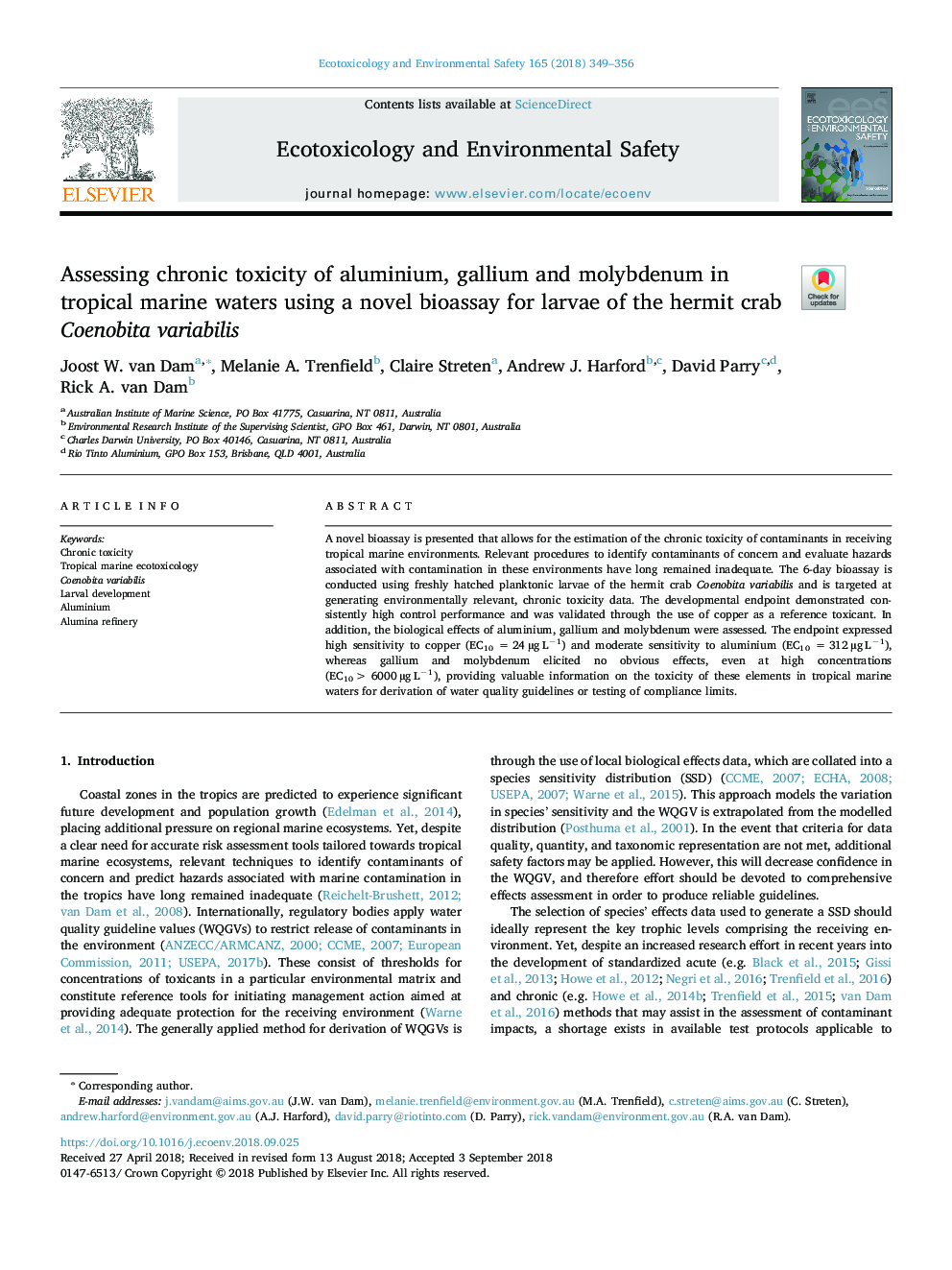 Assessing chronic toxicity of aluminium, gallium and molybdenum in tropical marine waters using a novel bioassay for larvae of the hermit crab Coenobita variabilis