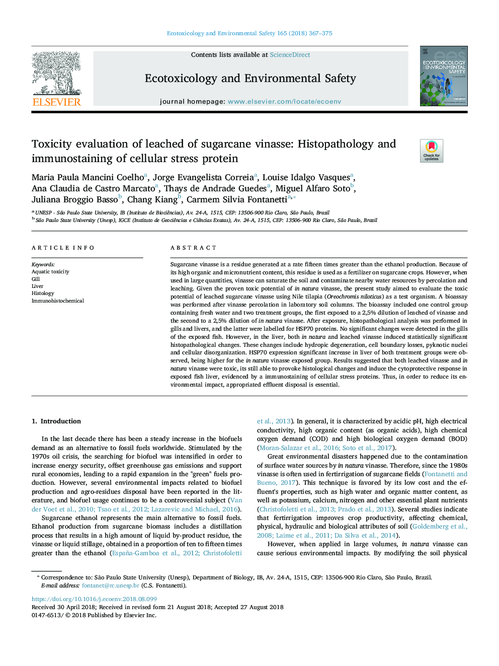 Toxicity evaluation of leached of sugarcane vinasse: Histopathology and immunostaining of cellular stress protein