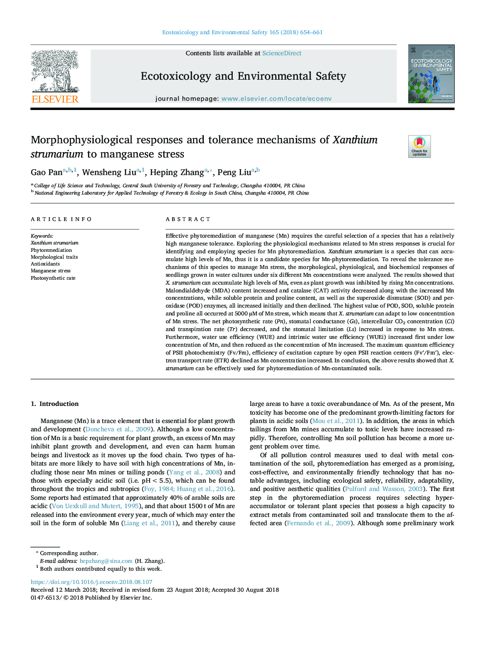 Morphophysiological responses and tolerance mechanisms of Xanthium strumarium to manganese stress