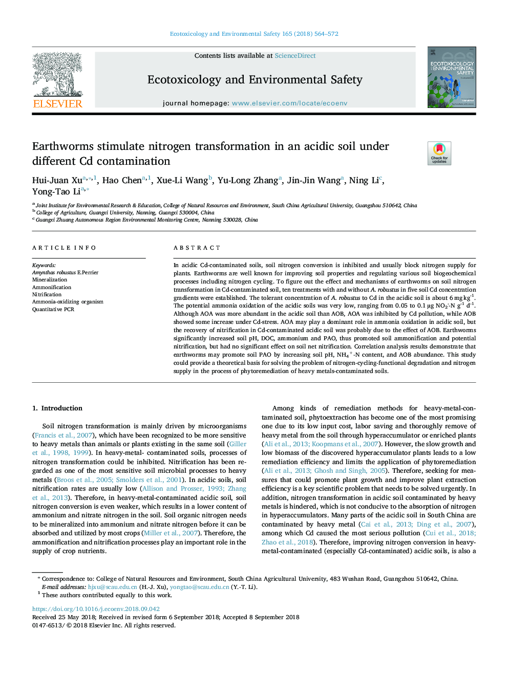 Earthworms stimulate nitrogen transformation in an acidic soil under different Cd contamination