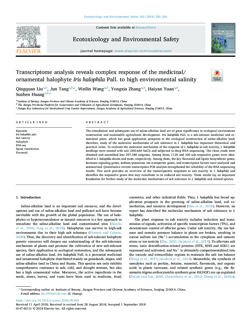 Transcriptome analysis reveals complex response of the medicinal/ornamental halophyte Iris halophila Pall. to high environmental salinity