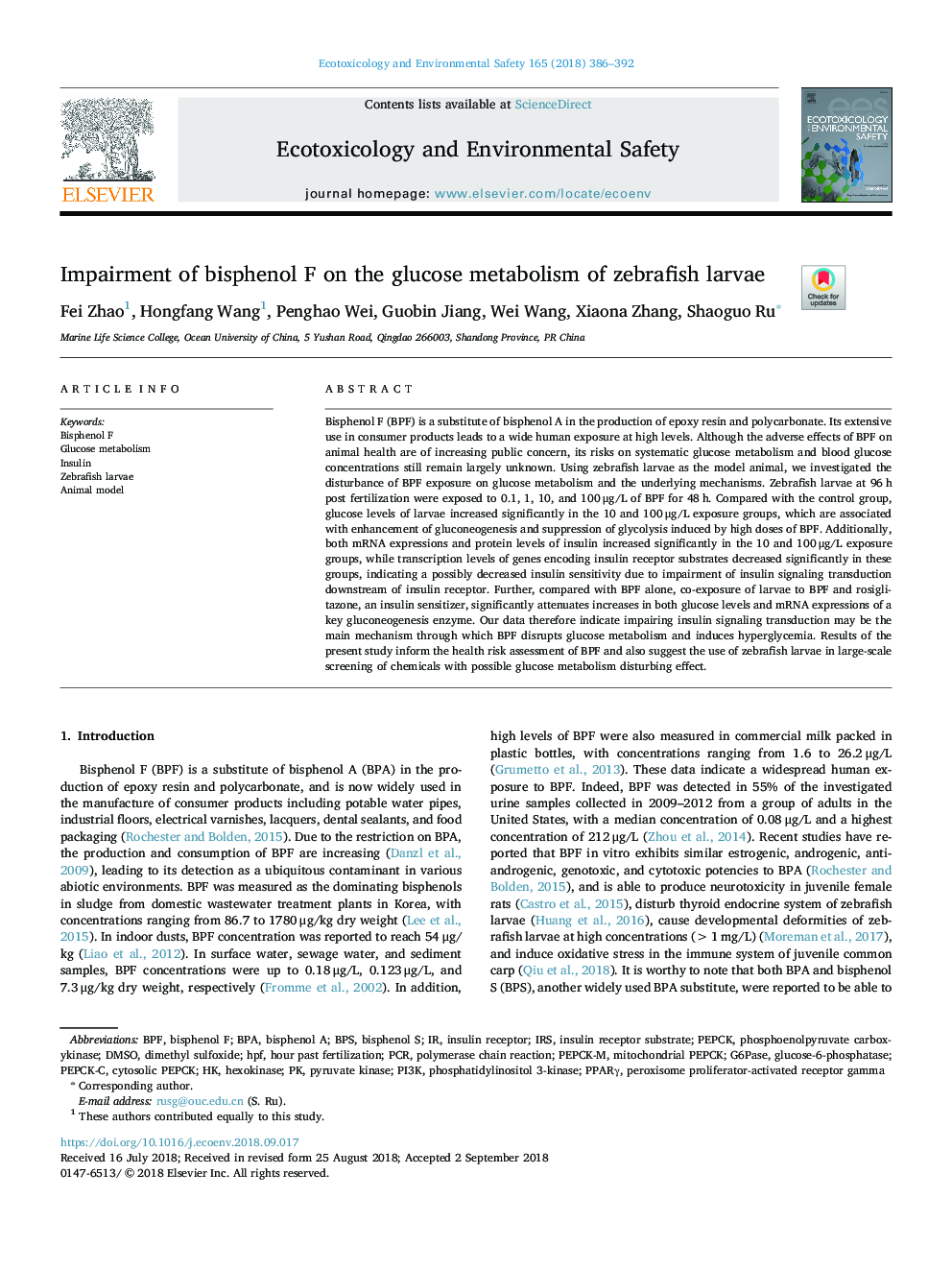 Impairment of bisphenol F on the glucose metabolism of zebrafish larvae
