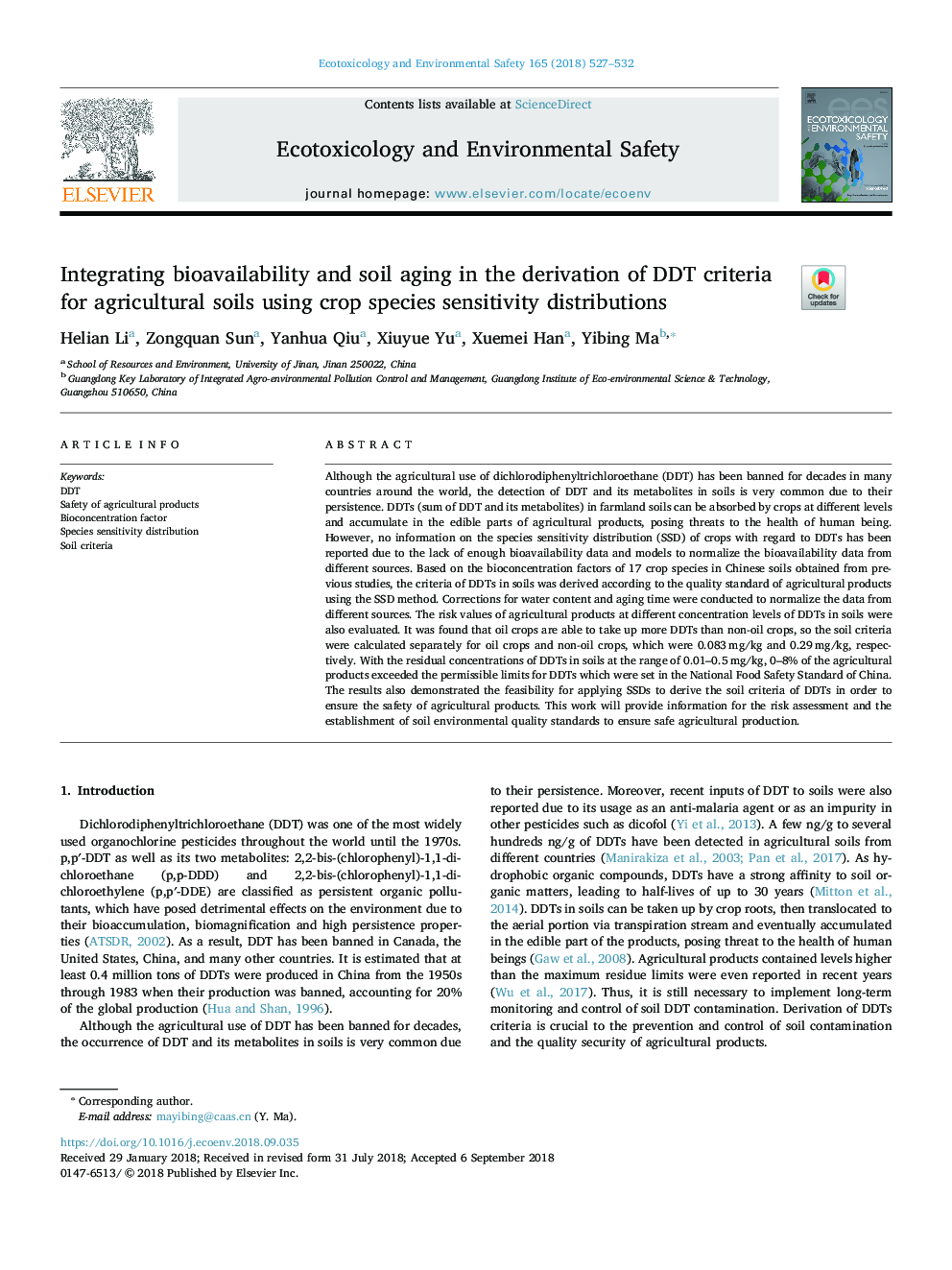 Integrating bioavailability and soil aging in the derivation of DDT criteria for agricultural soils using crop species sensitivity distributions