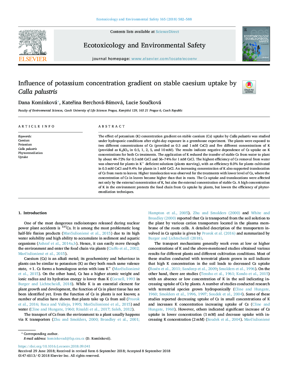 Influence of potassium concentration gradient on stable caesium uptake by Calla palustris