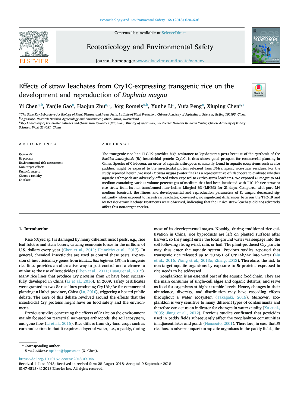 Effects of straw leachates from Cry1C-expressing transgenic rice on the development and reproduction of Daphnia magna