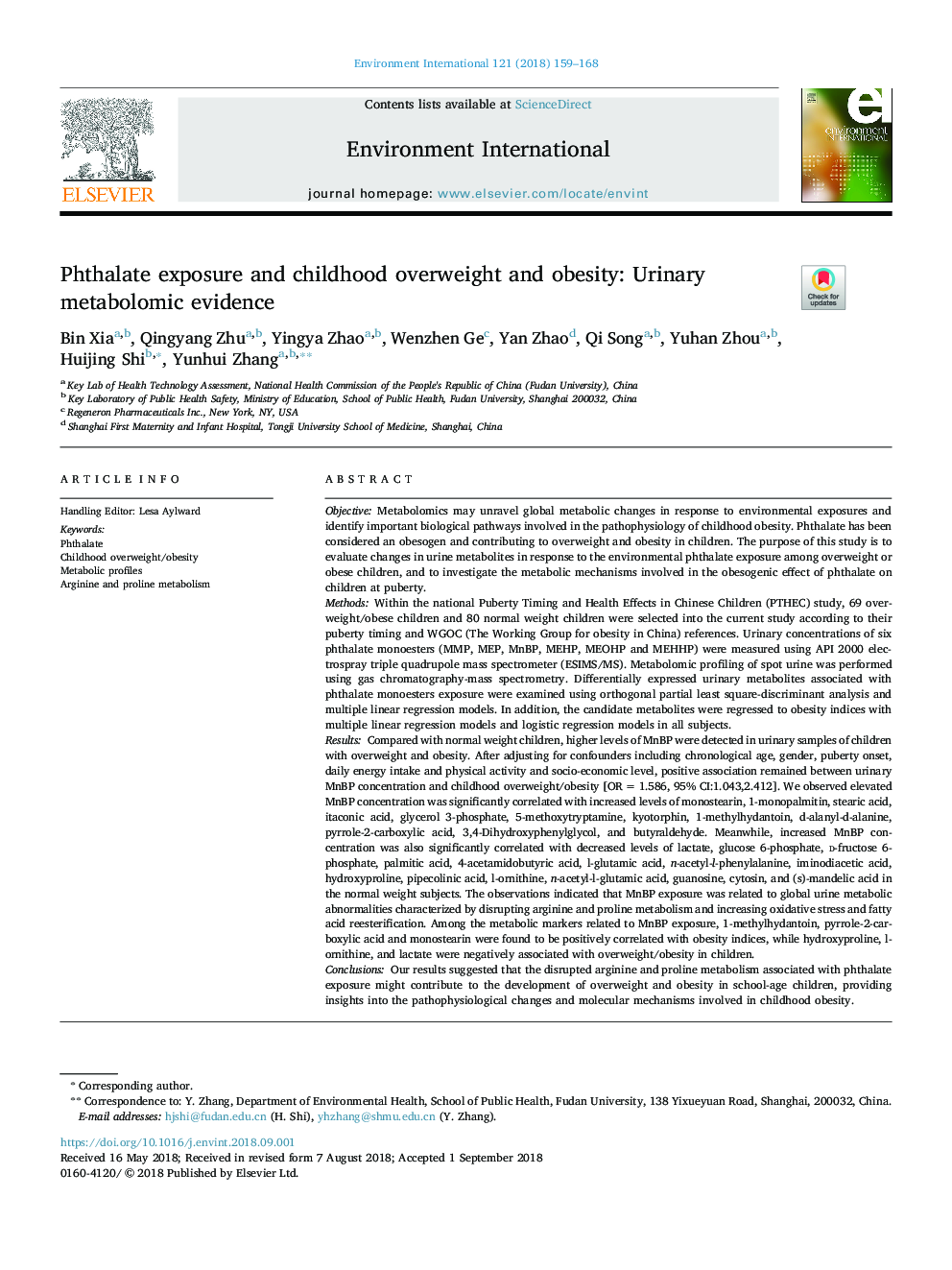 Phthalate exposure and childhood overweight and obesity: Urinary metabolomic evidence