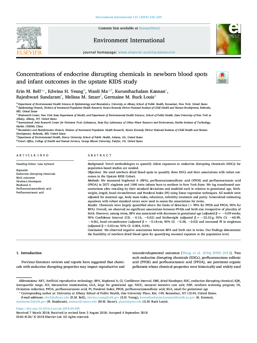 Concentrations of endocrine disrupting chemicals in newborn blood spots and infant outcomes in the upstate KIDS study