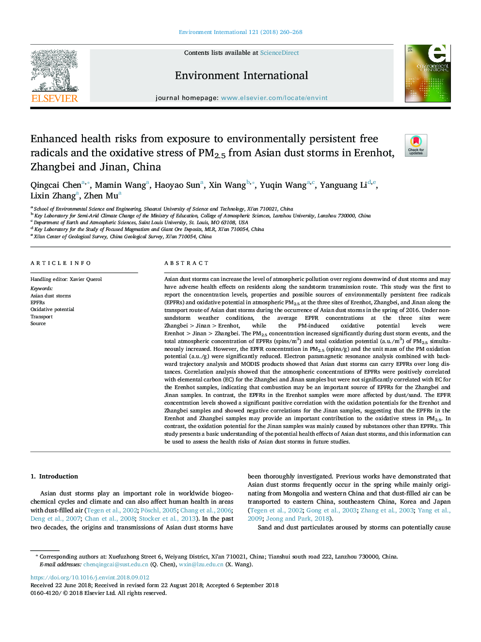 Enhanced health risks from exposure to environmentally persistent free radicals and the oxidative stress of PM2.5 from Asian dust storms in Erenhot, Zhangbei and Jinan, China