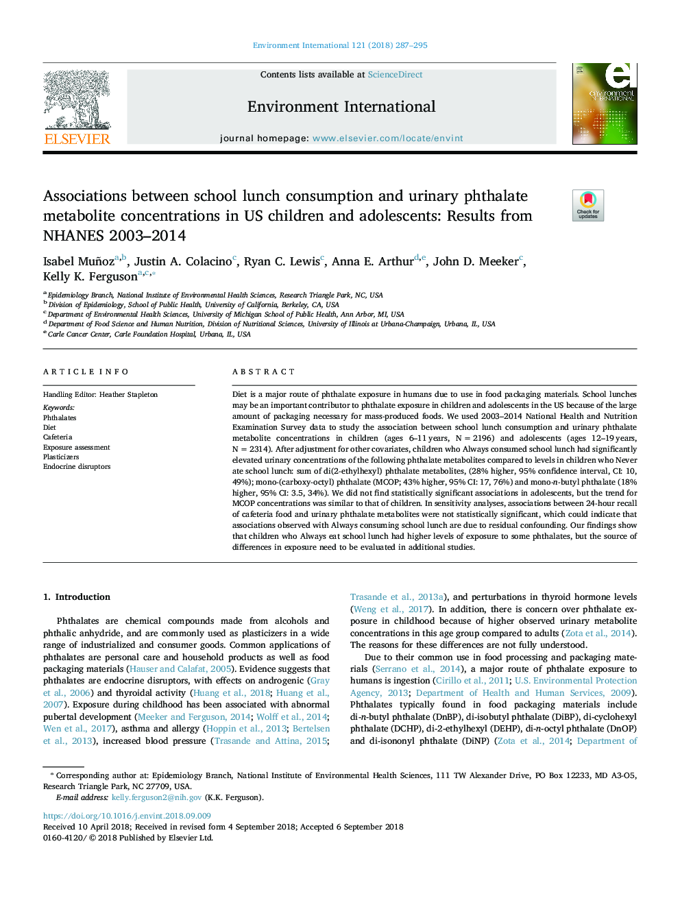 Associations between school lunch consumption and urinary phthalate metabolite concentrations in US children and adolescents: Results from NHANES 2003-2014