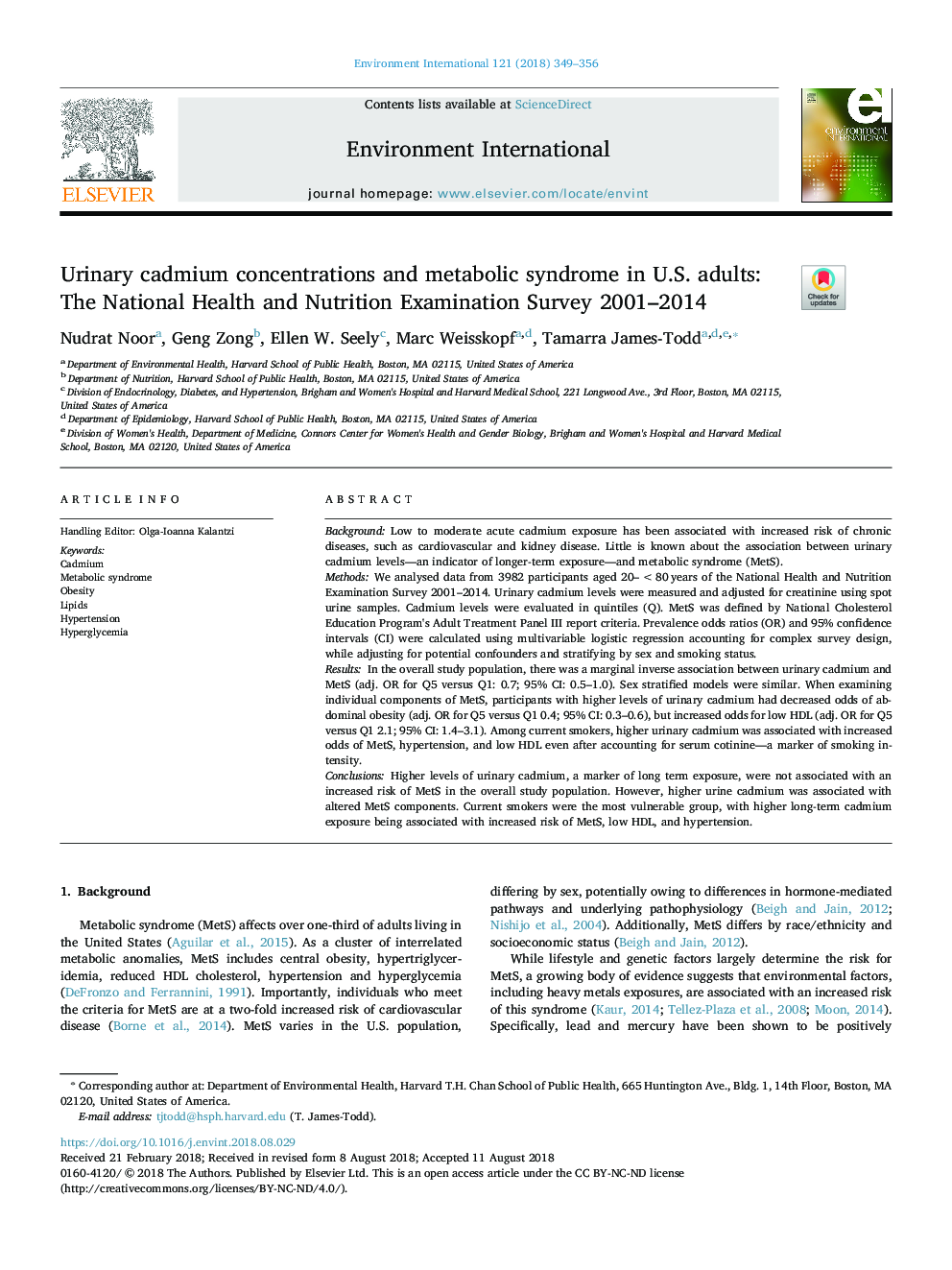 غلظت کادمیوم ادرار و سندرم متابولیک در بزرگسالان ایالات متحده: بررسی ملی بهداشت و تغذیه سال های 2001-2014