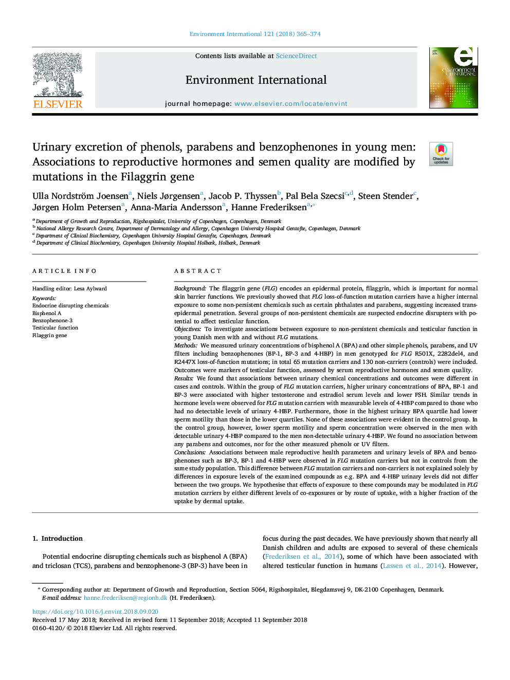 Urinary excretion of phenols, parabens and benzophenones in young men: Associations to reproductive hormones and semen quality are modified by mutations in the Filaggrin gene