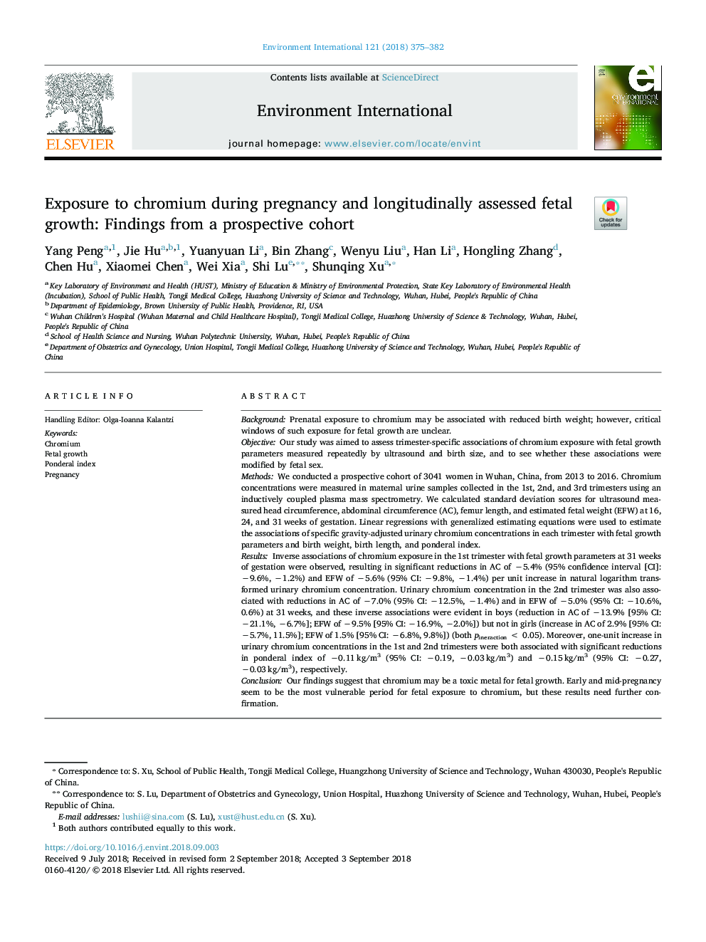 Exposure to chromium during pregnancy and longitudinally assessed fetal growth: Findings from a prospective cohort