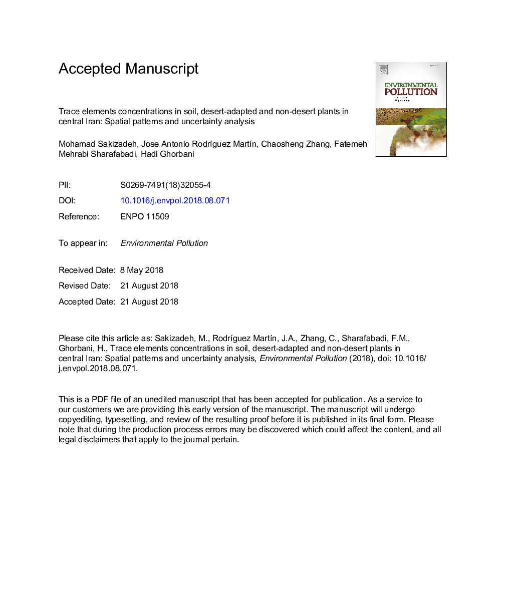 Trace elements concentrations in soil, desert-adapted and non-desert plants in central Iran: Spatial patterns and uncertainty analysis