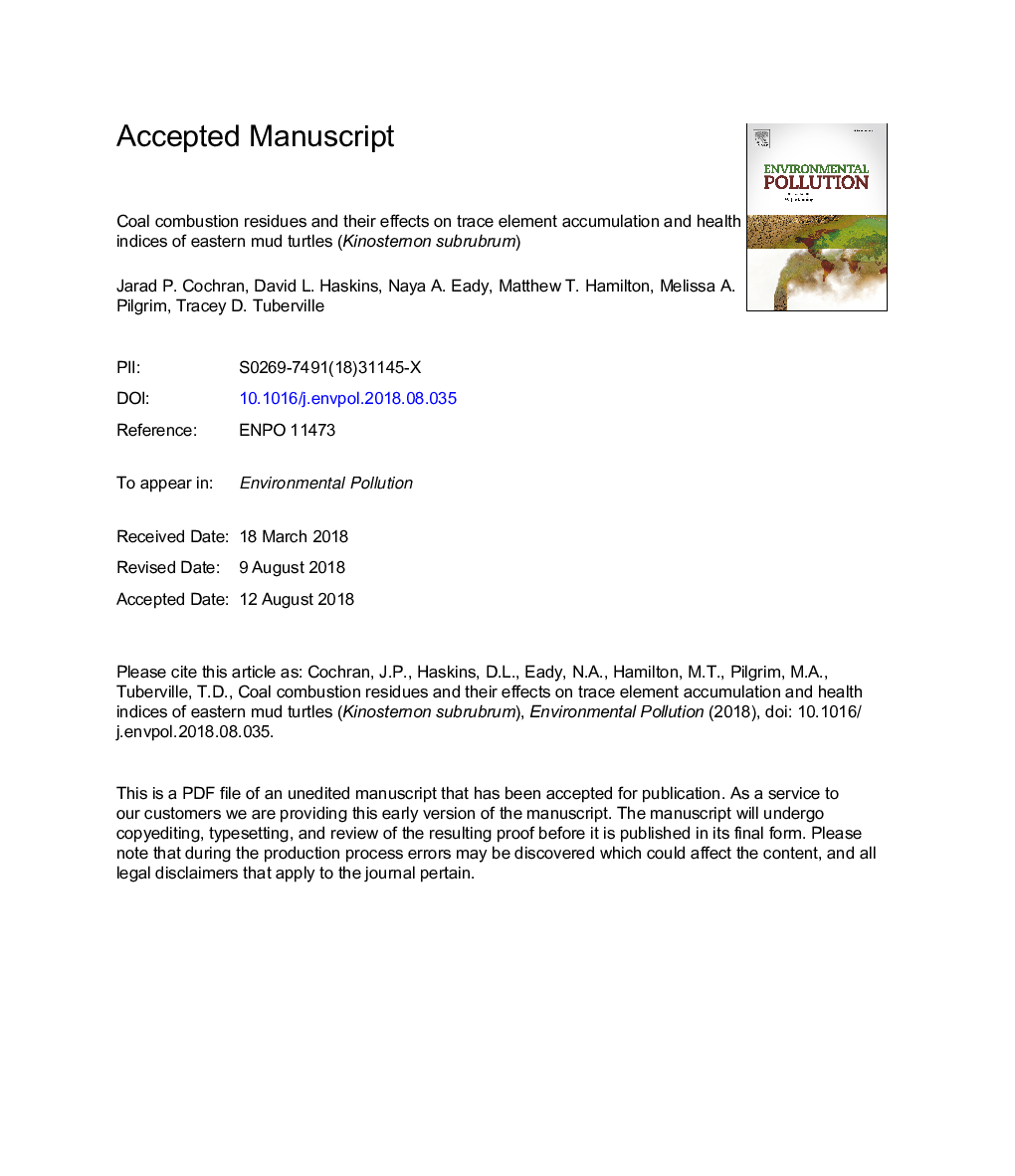 Coal combustion residues and their effects on trace element accumulation and health indices of eastern mud turtles (Kinosternon subrubrum)