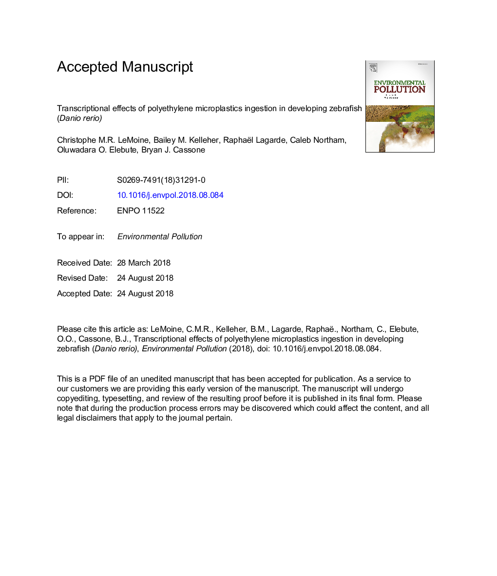 Transcriptional effects of polyethylene microplastics ingestion in developing zebrafish (Danio rerio)