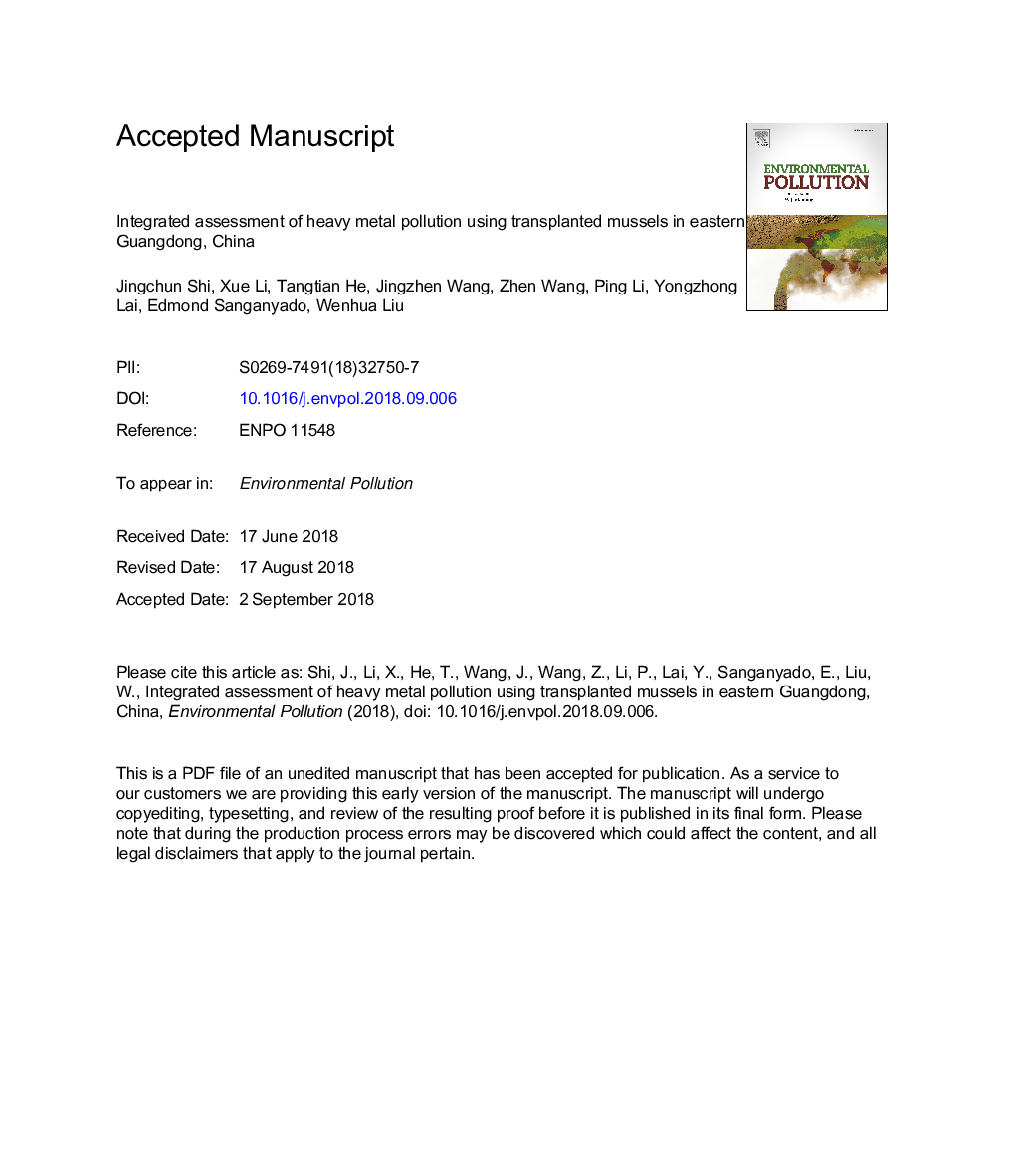 Integrated assessment of heavy metal pollution using transplanted mussels in eastern Guangdong, China