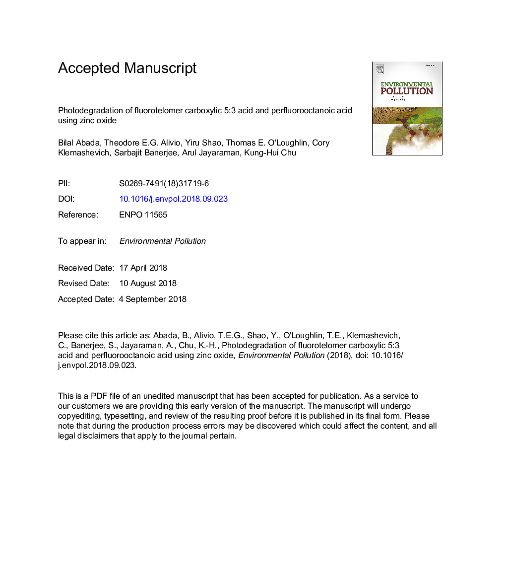 تجزیه فوتون فلوئورتلومر کربوکسیلیک 5: 3 اسید و پرفلووروکاتانیک اسید با استفاده از اکسید روی