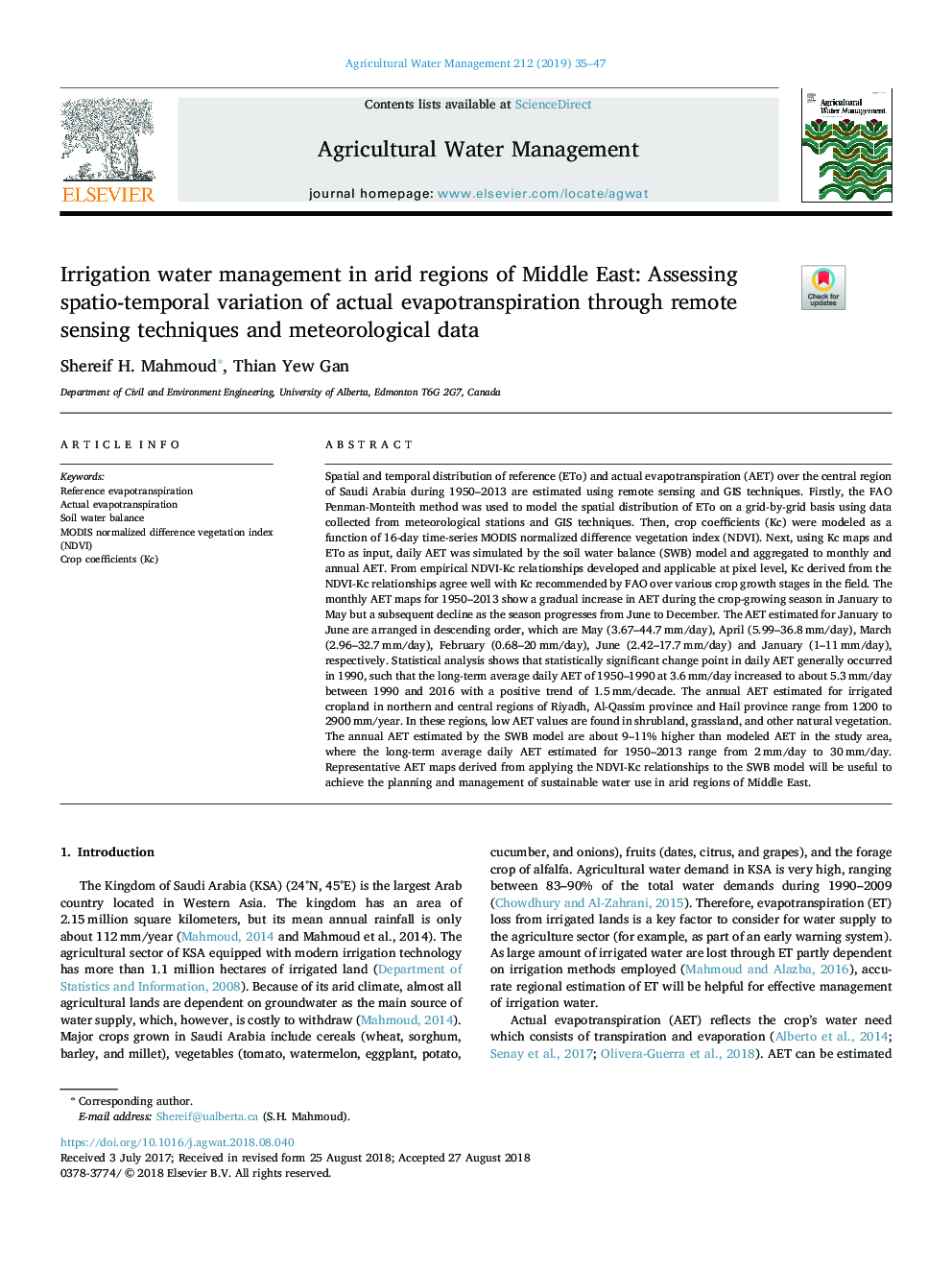 Irrigation water management in arid regions of Middle East: Assessing spatio-temporal variation of actual evapotranspiration through remote sensing techniques and meteorological data