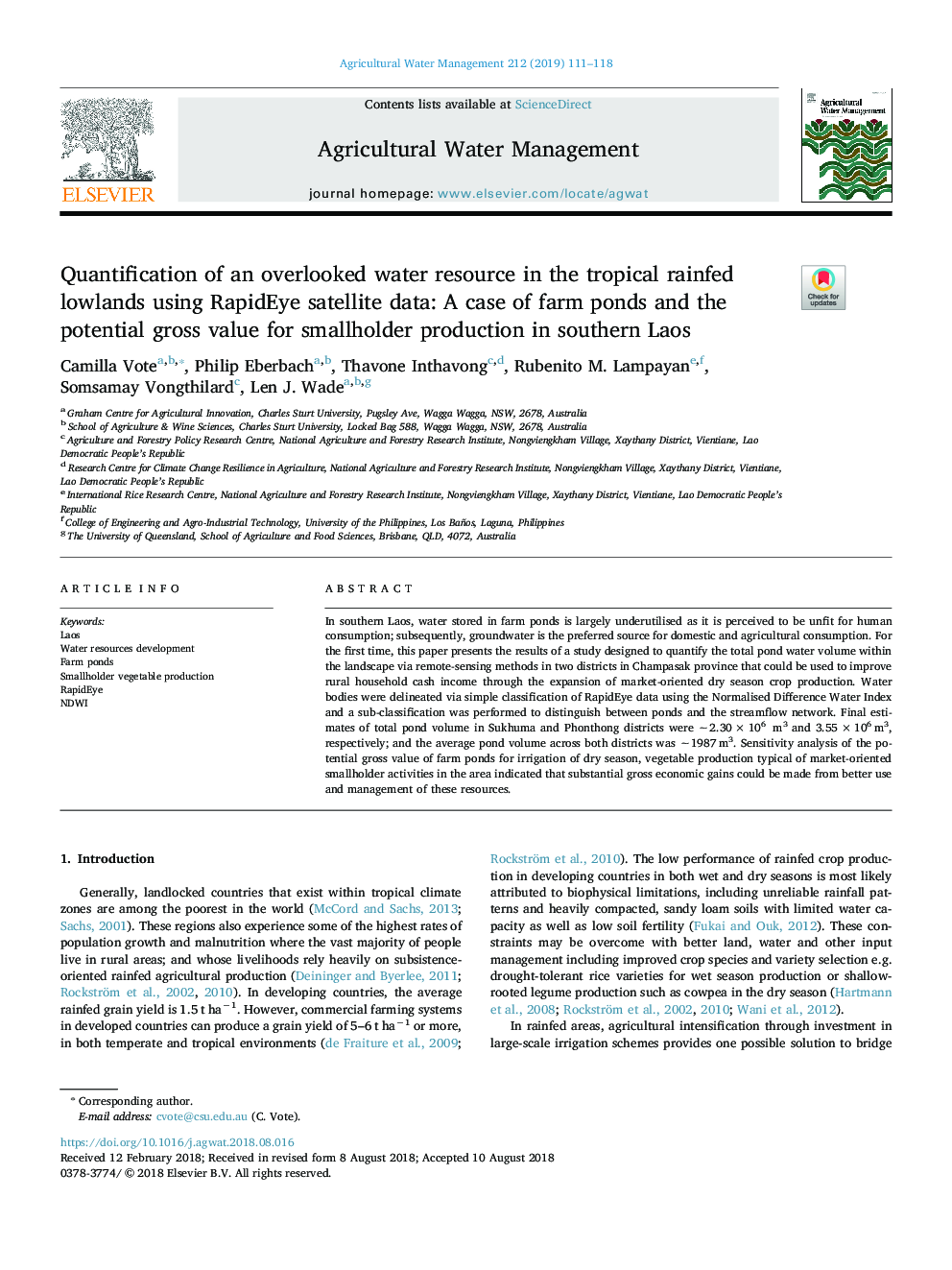 Quantification of an overlooked water resource in the tropical rainfed lowlands using RapidEye satellite data: A case of farm ponds and the potential gross value for smallholder production in southern Laos