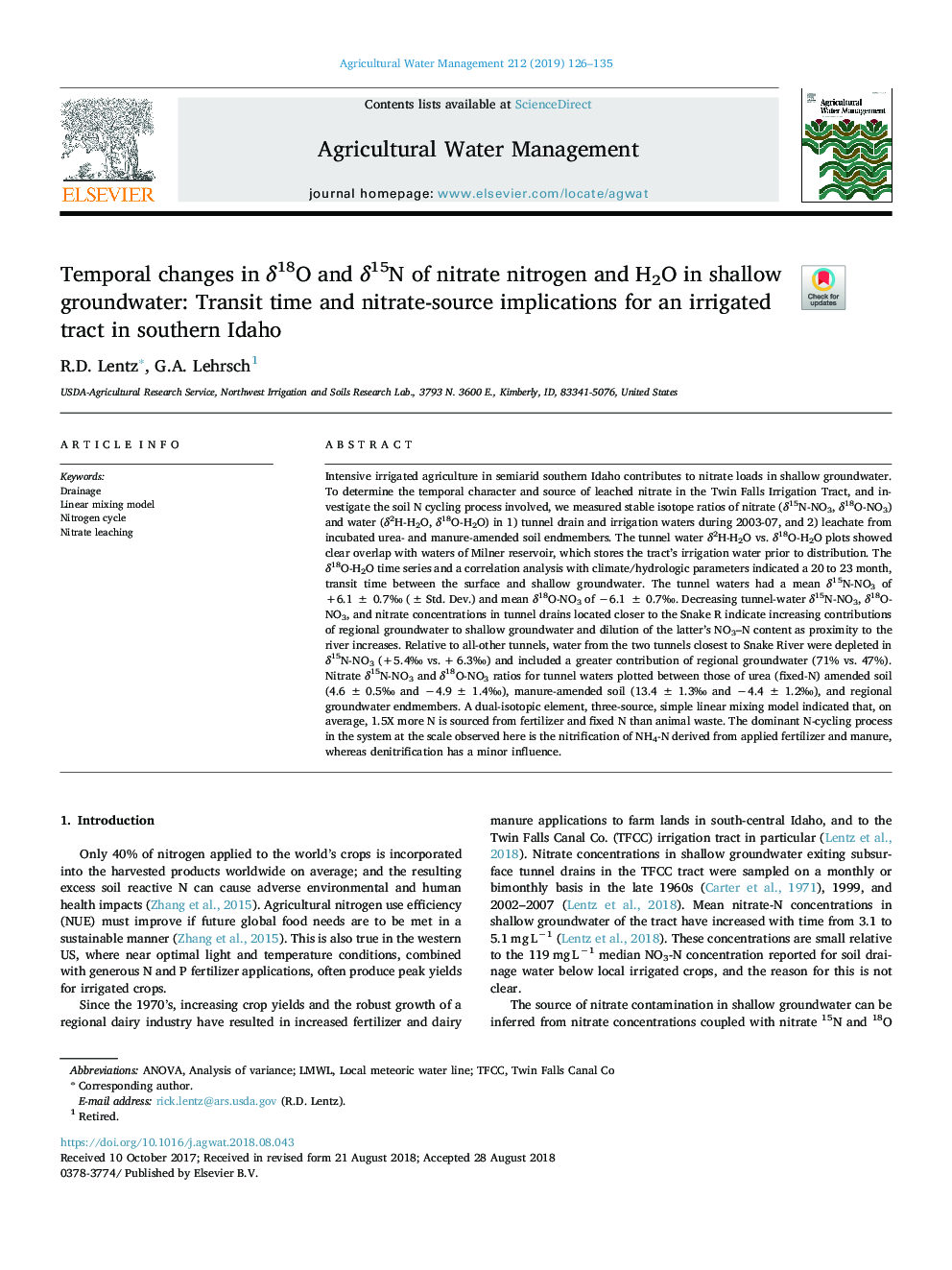 Temporal changes in Î´18O and Î´15N of nitrate nitrogen and H2O in shallow groundwater: Transit time and nitrate-source implications for an irrigated tract in southern Idaho