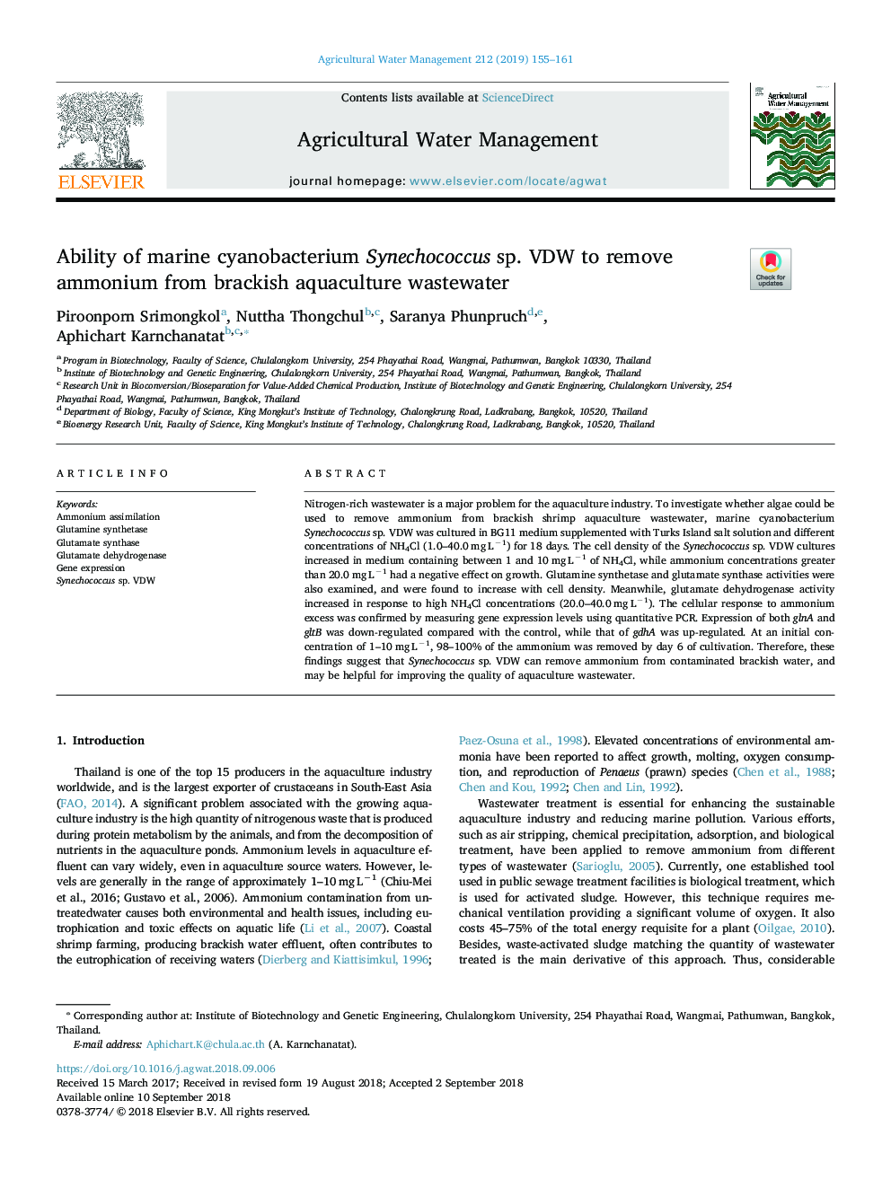 Ability of marine cyanobacterium Synechococcus sp. VDW to remove ammonium from brackish aquaculture wastewater