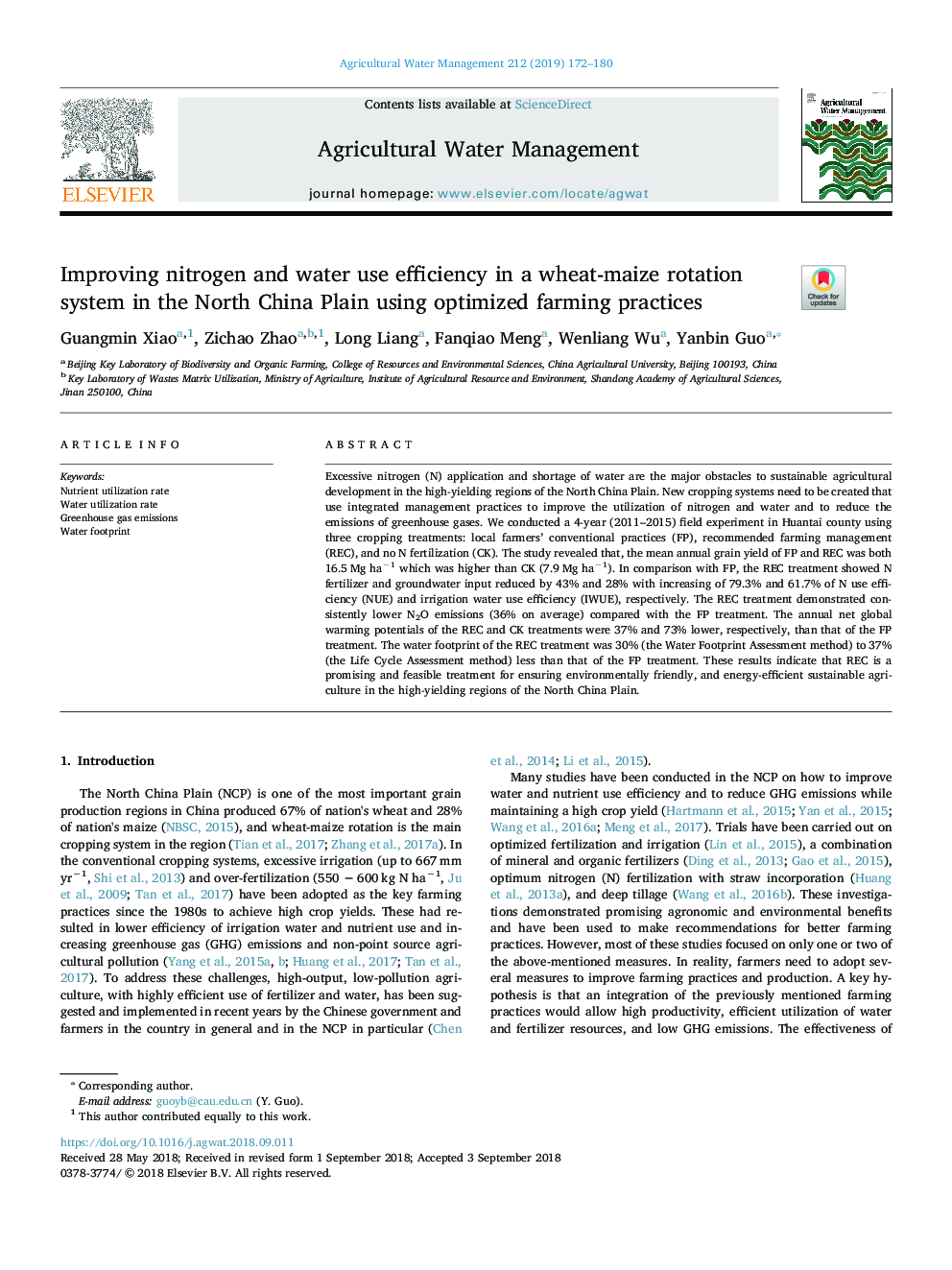 Improving nitrogen and water use efficiency in a wheat-maize rotation system in the North China Plain using optimized farming practices