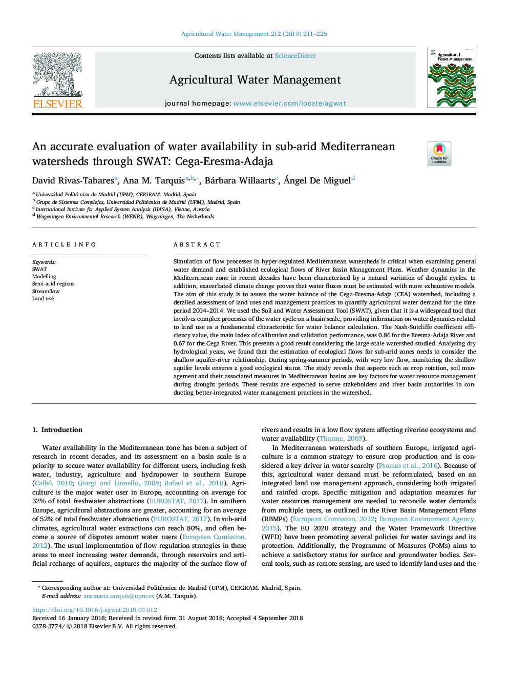 An accurate evaluation of water availability in sub-arid Mediterranean watersheds through SWAT: Cega-Eresma-Adaja