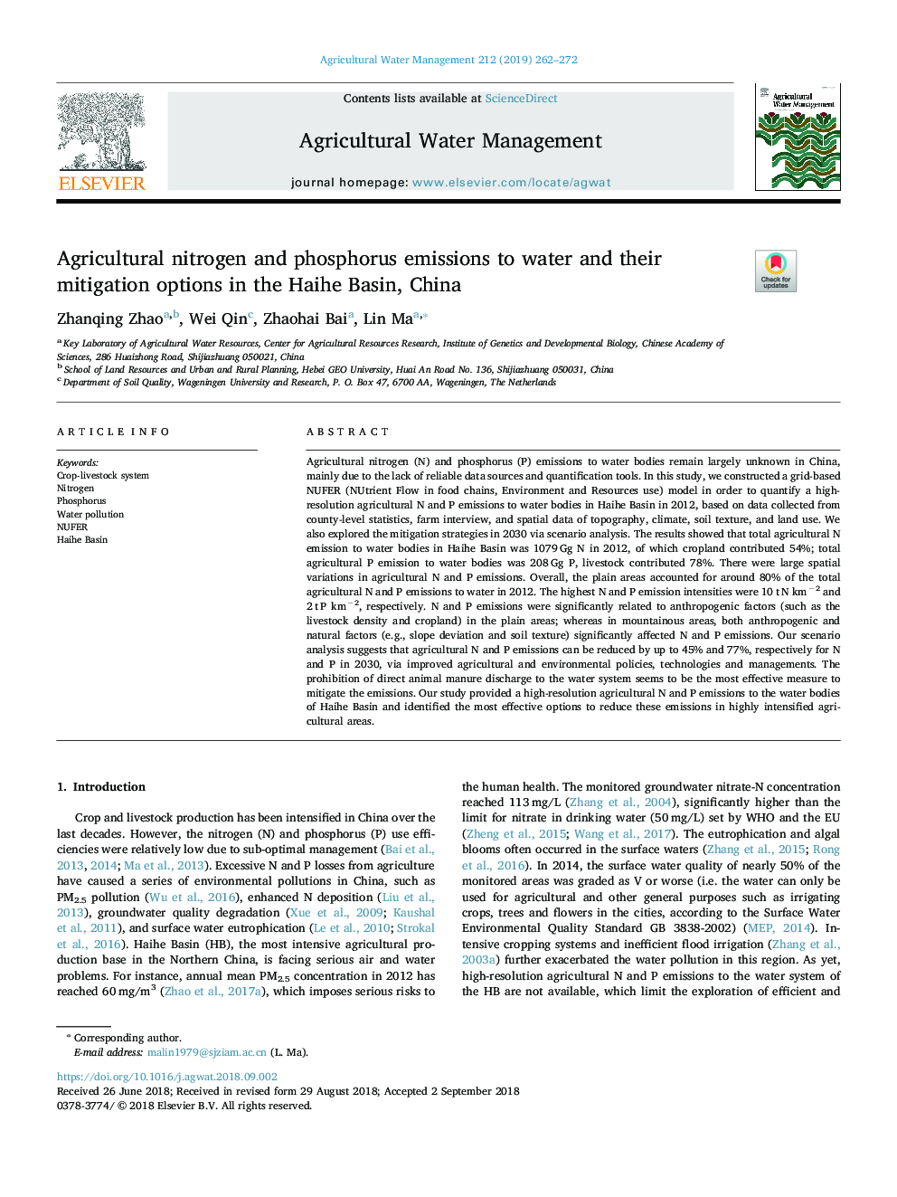 Agricultural nitrogen and phosphorus emissions to water and their mitigation options in the Haihe Basin, China