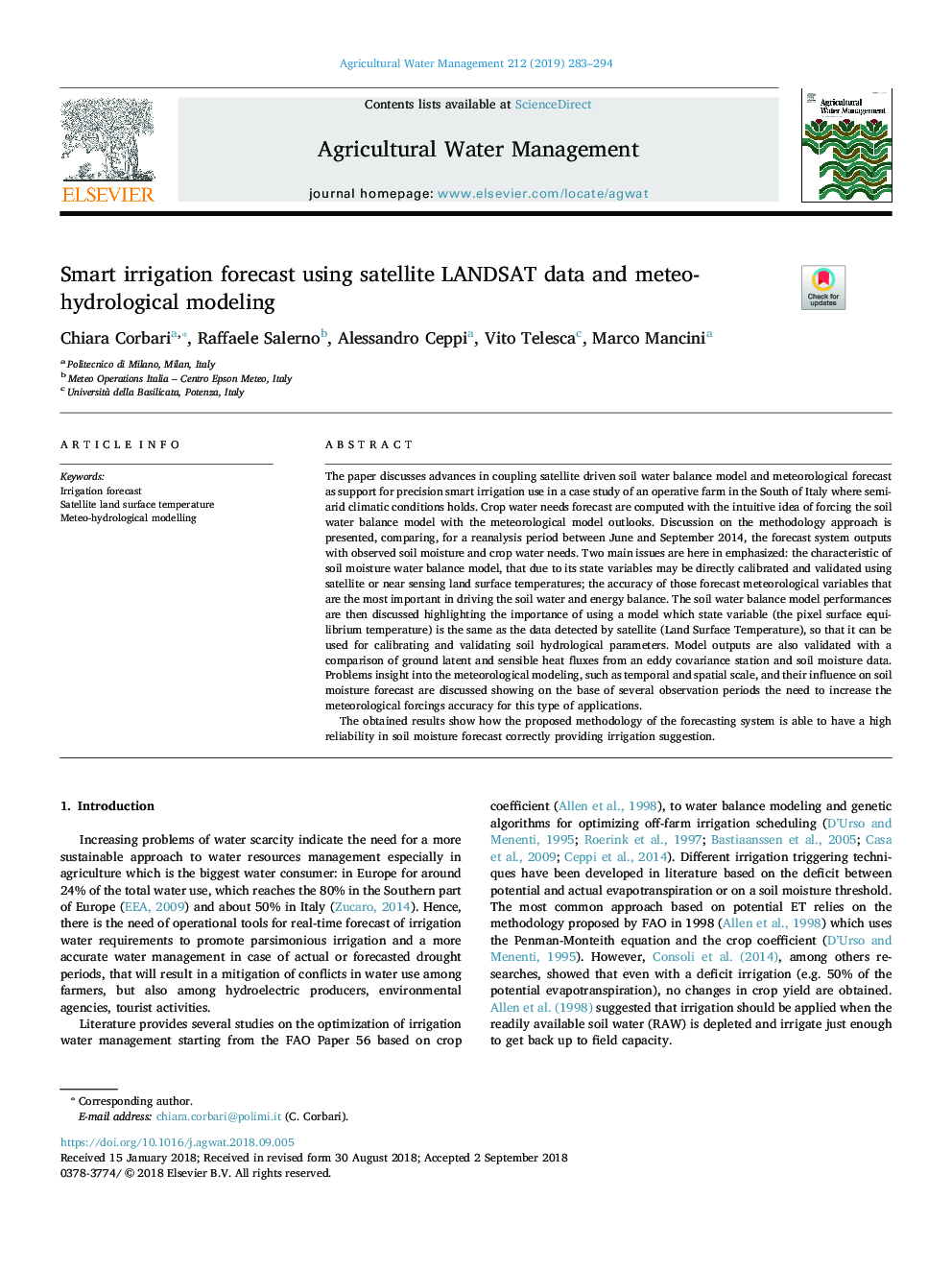 Smart irrigation forecast using satellite LANDSAT data and meteo-hydrological modeling