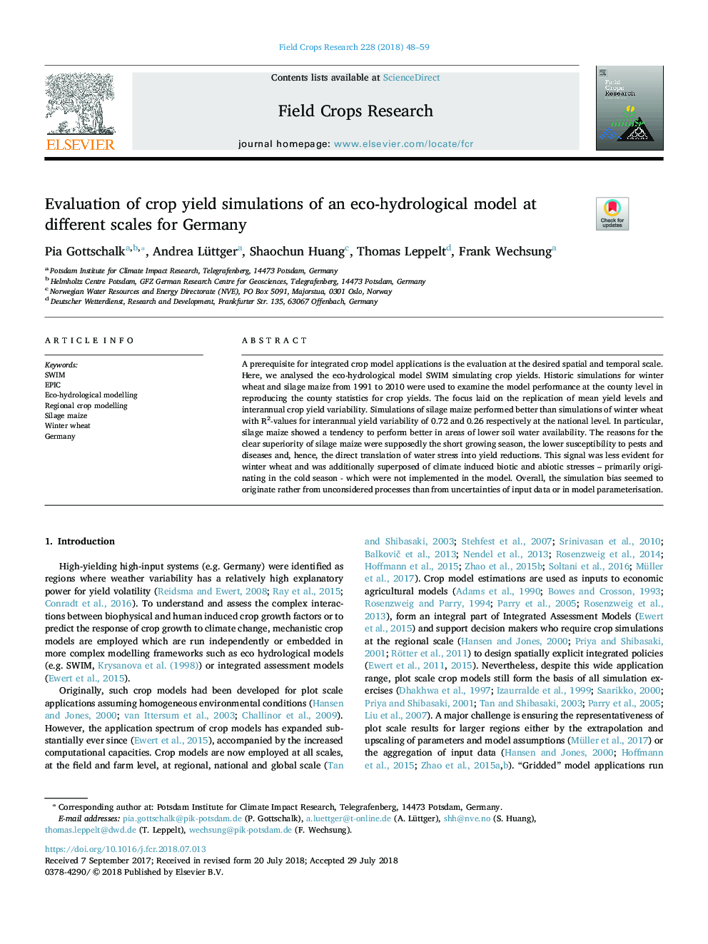 Evaluation of crop yield simulations of an eco-hydrological model at different scales for Germany