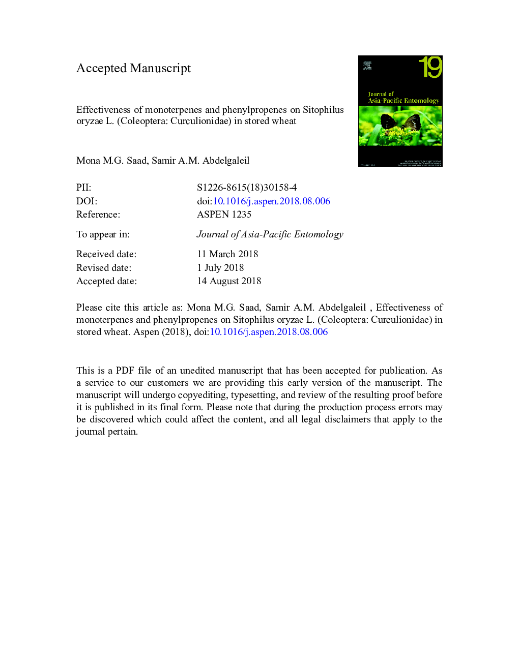 Effectiveness of monoterpenes and phenylpropenes on Sitophilus oryzae L. (Coleoptera: Curculionidae) in stored wheat