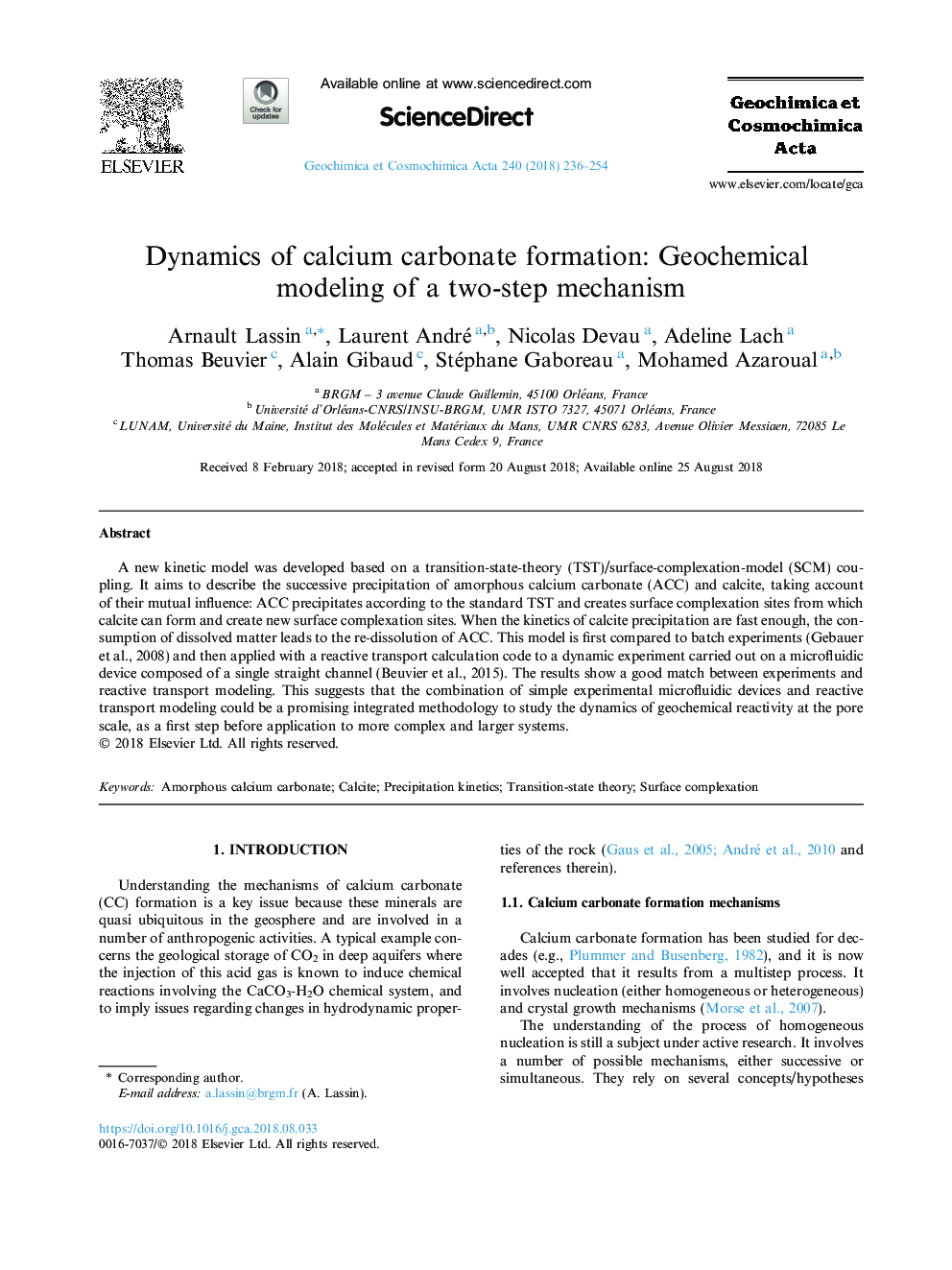 Dynamics of calcium carbonate formation: Geochemical modeling of a two-step mechanism