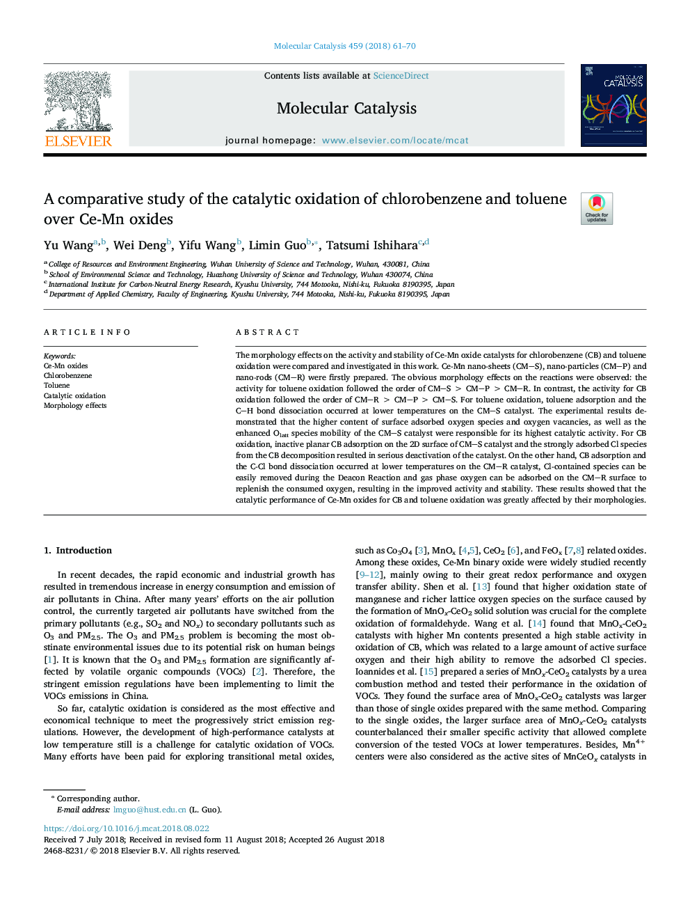 A comparative study of the catalytic oxidation of chlorobenzene and toluene over Ce-Mn oxides