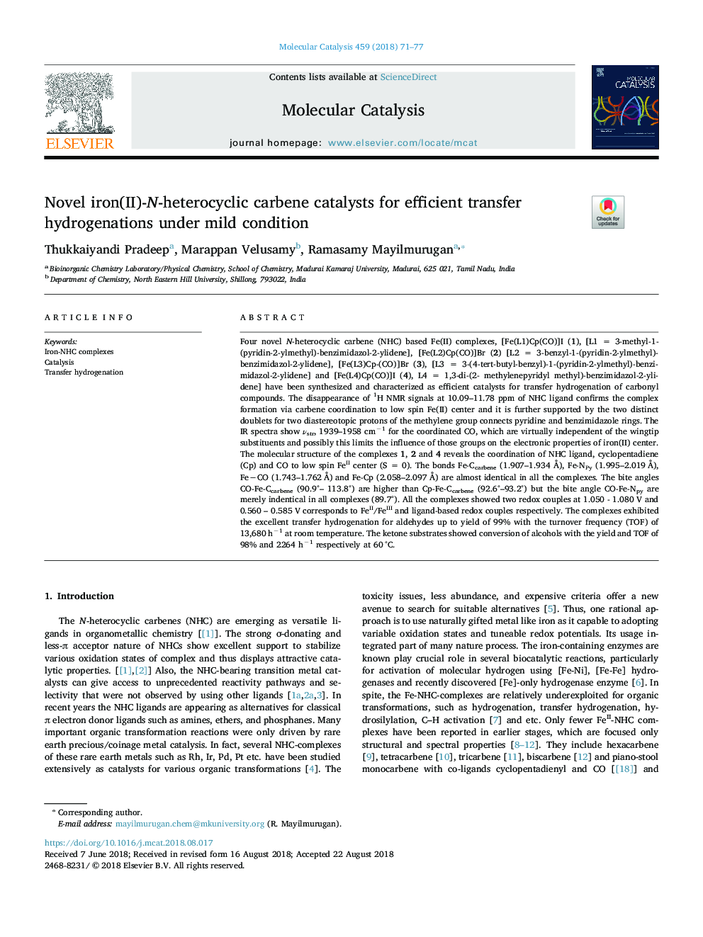 Novel iron(II)-N-heterocyclic carbene catalysts for efficient transfer hydrogenations under mild condition