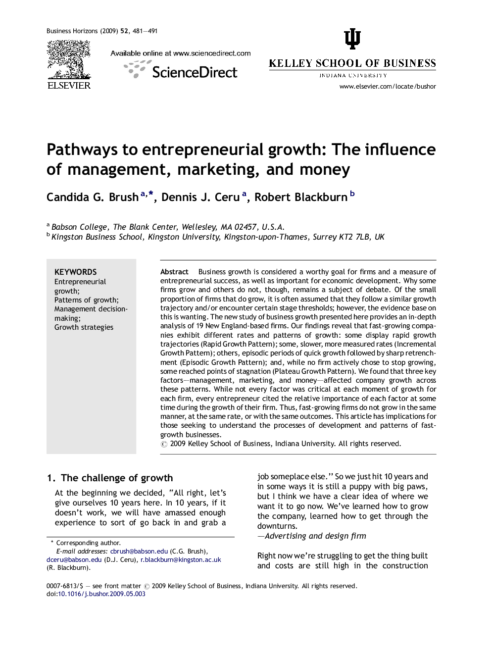 Pathways to entrepreneurial growth: The influence of management, marketing, and money